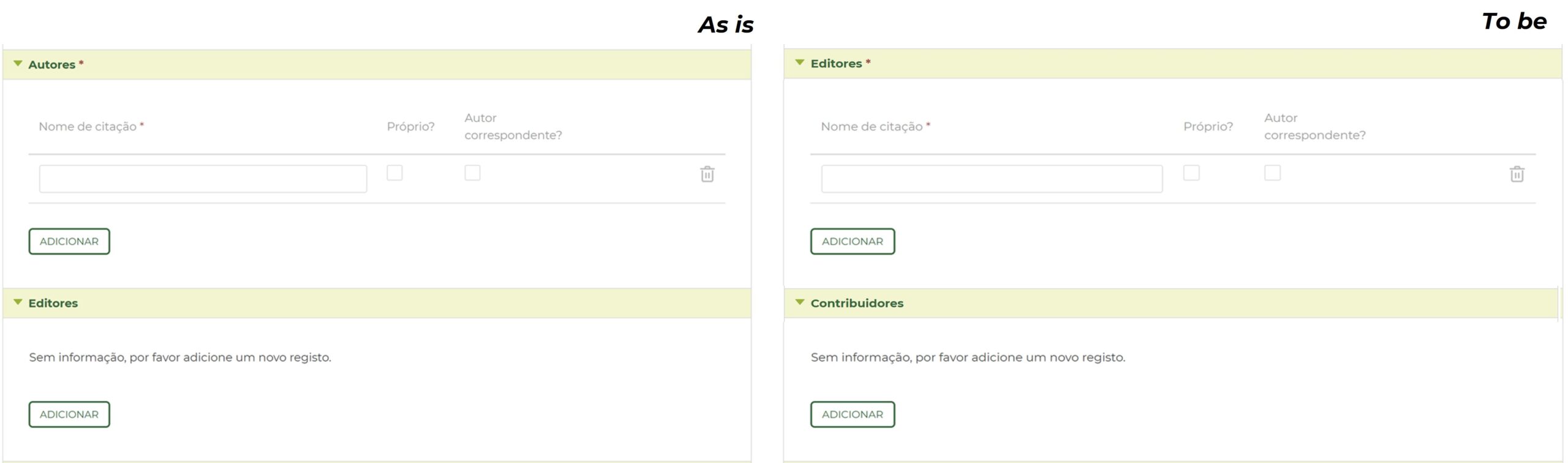 Ilustração da alteração dos campos na tipologia de Produções "Edição de livro" do CIÊNCIAVITAE. O campo atualmente designado por “Autores” passará a chamar-se “Editores”. O campo atualmente denominado “Editores” será renomeado para “Contribuidores”.